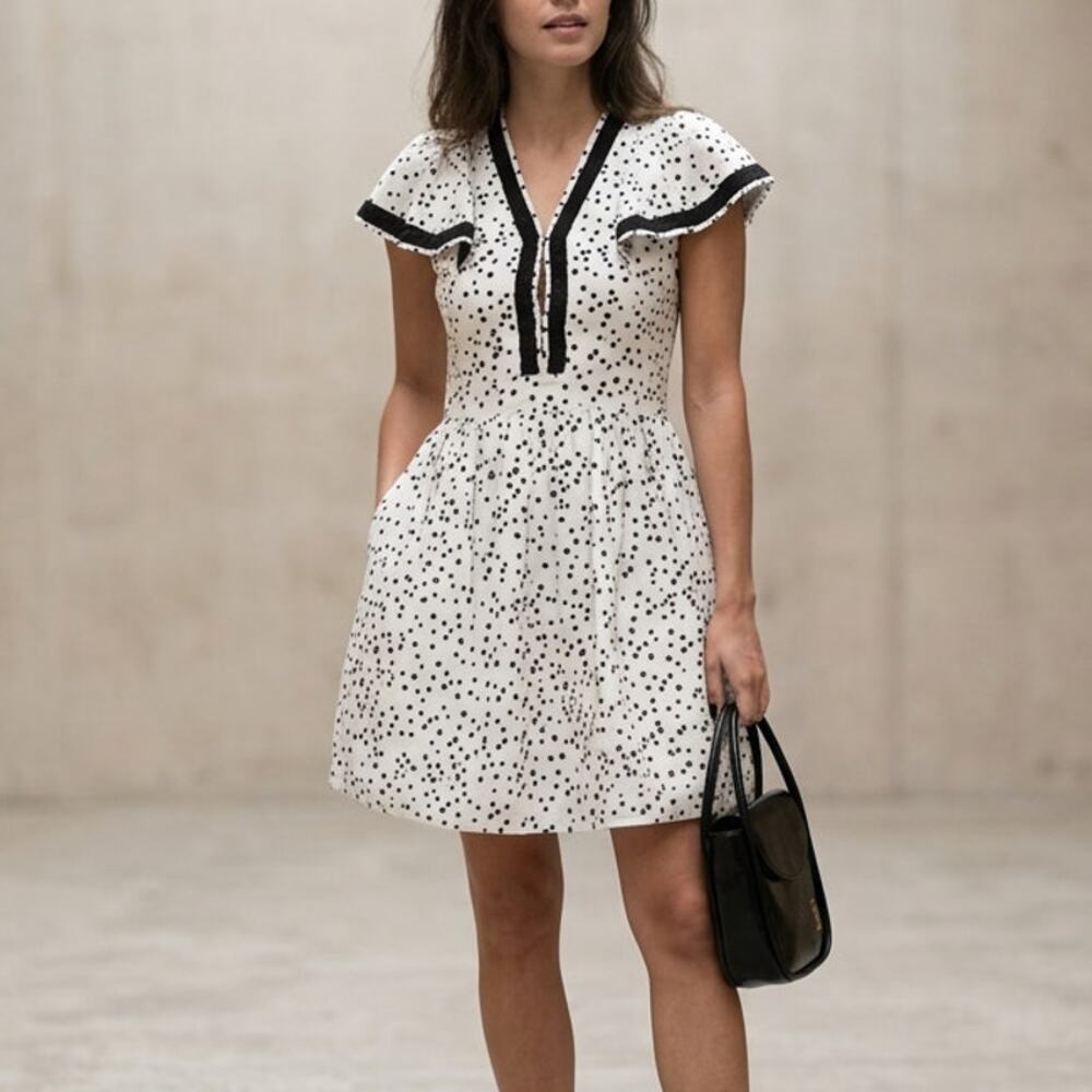 Secret Mission Chrissie Polka Dot Cotton/Silk White/Black Mini Dress, size M
